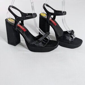Y2k Black Satin Platform Open Toe Ankle Strap Chunky Block Heeled Sandals